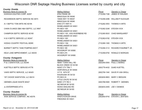 Wisconsin DNR Septage Hauling Business Licenses sorted by ...