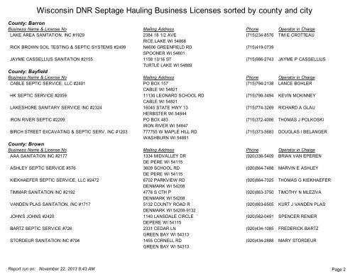 Wisconsin DNR Septage Hauling Business Licenses sorted by ...