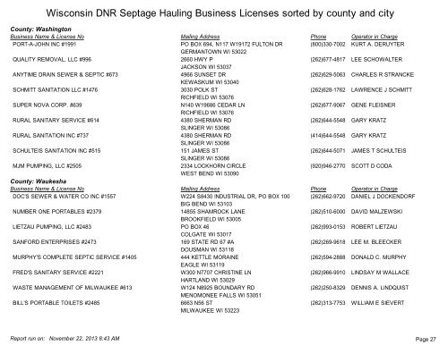 Wisconsin DNR Septage Hauling Business Licenses sorted by ...