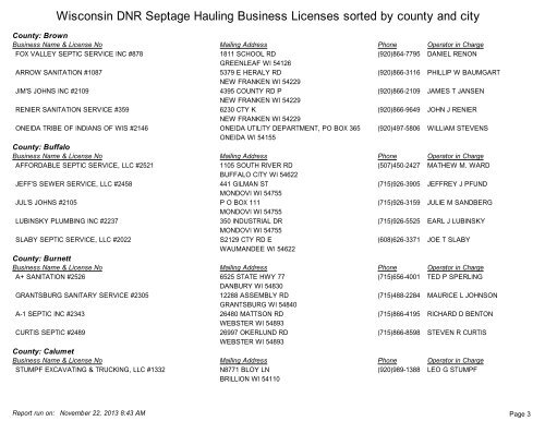 Wisconsin DNR Septage Hauling Business Licenses sorted by ...