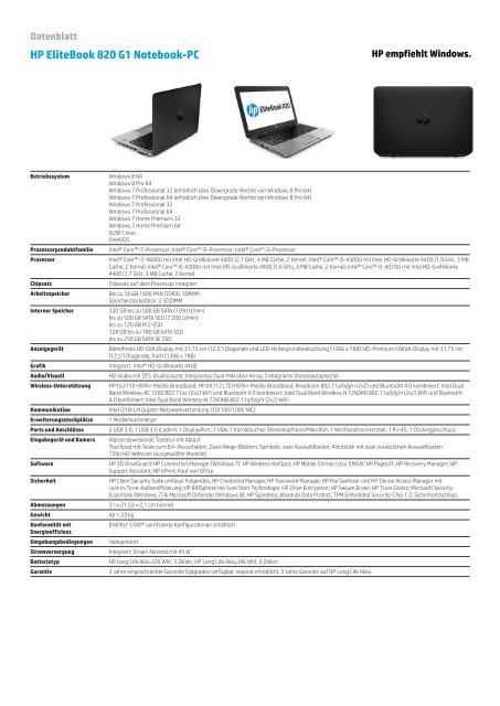 Datenblatt HP EliteBook 820 G1 Notebook de deutsch - ARP