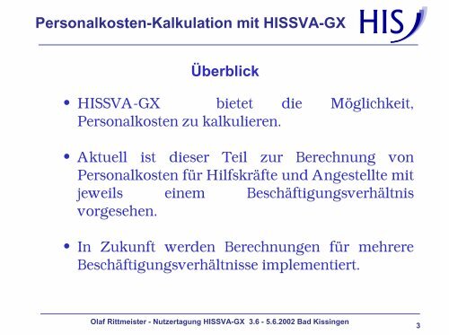 Personalkosten-Kalkulation mit HISSVA-GX