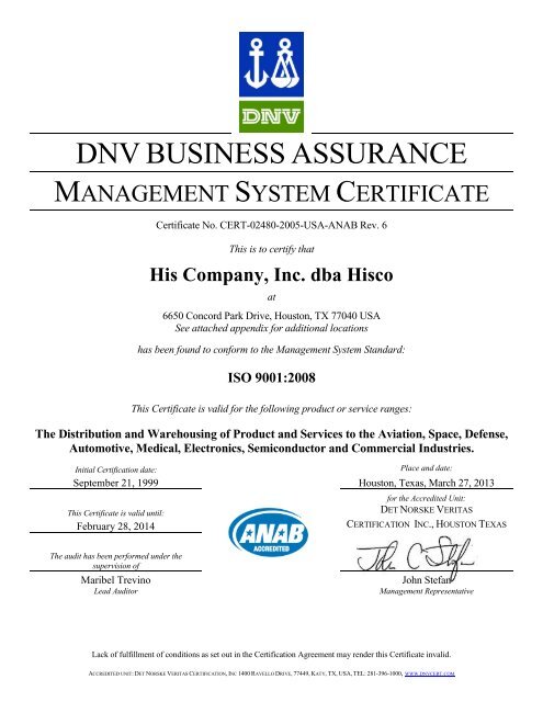 ISO 9001:2008 certified - Hisco