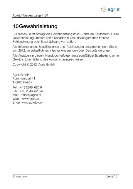 AGRETO HD1 Wiegeanzeige Handbuch - Agris