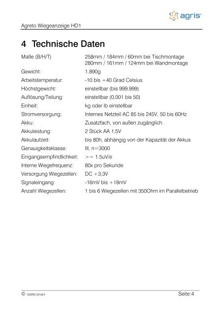 AGRETO HD1 Wiegeanzeige Handbuch - Agris