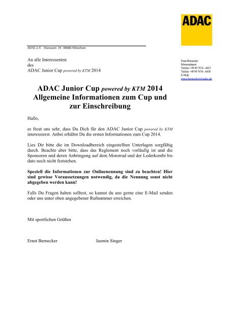 Infopaket ADAC Junior Cup 2014 - ADAC Motorsport