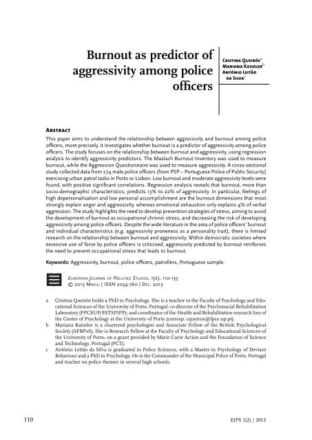 Burnout as predictor of aggressivity among police officers