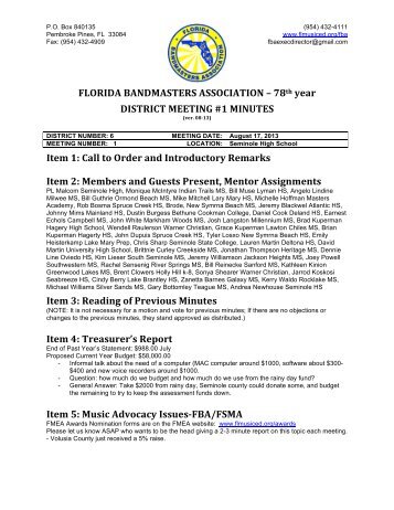 Distric 6 Meeting 1 minutes - Florida Music Educators Association ...