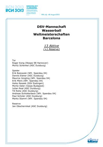 DSV-Mannschaft Wasserball Weltmeisterschaften Barcelona 13 Aktive