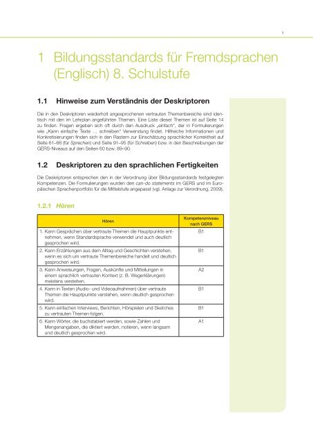 Kompetenzbereiche Englisch 8 Schulstufe Bifie