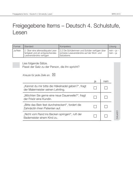 Freigegebene Items – Deutsch 4. Schulstufe, Lesen - Bifie