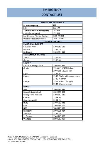 EMERGENCY CONTACT LIST - Crandon for Coomera