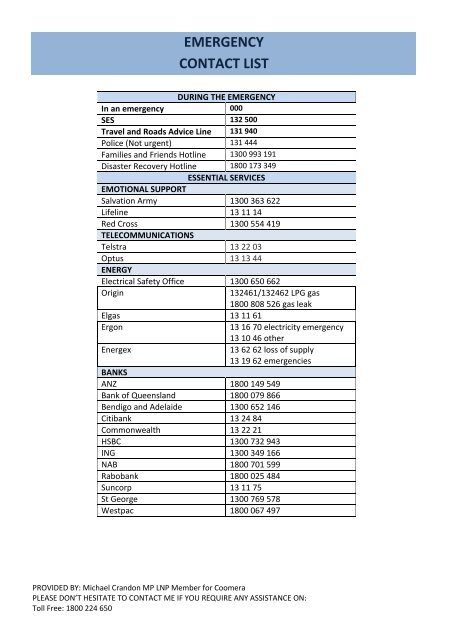 EMERGENCY CONTACT LIST - Crandon for Coomera