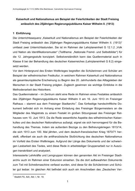 Kaiserkult in Freising 1913 I: Unterrichtskonzept - Historisches ...