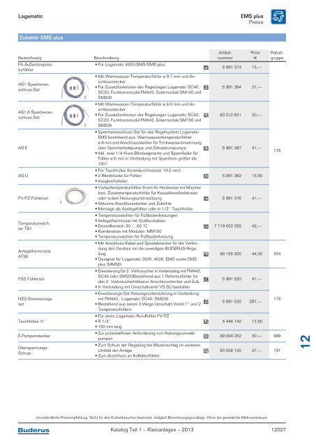 Buderus Gesamt-Preisliste und Rabattliste Katalog Teil 1 - Heizungs ...