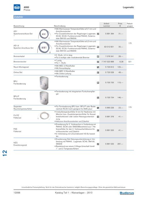 Buderus Gesamt-Preisliste und Rabattliste Katalog Teil 1 - Heizungs ...