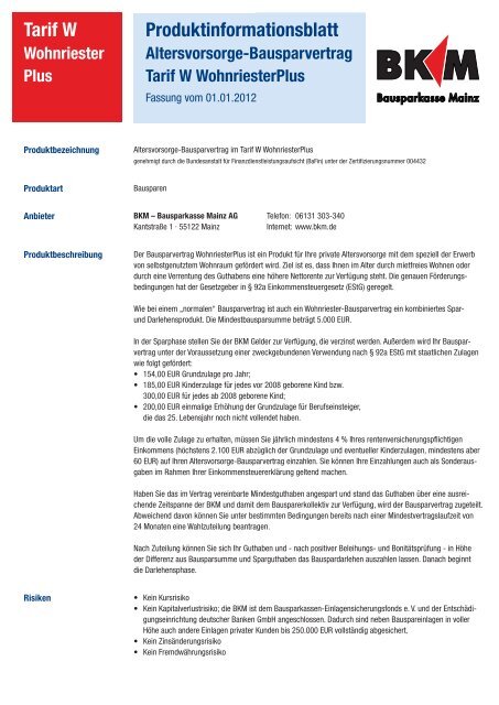 Tarif W Produktinformationsblatt - Bausparkasse Mainz AG