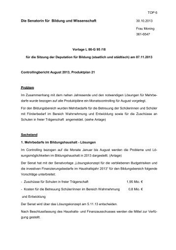 Vorlage L 86-G 95 /18 Controllingbericht August 2013, Produktplan 21