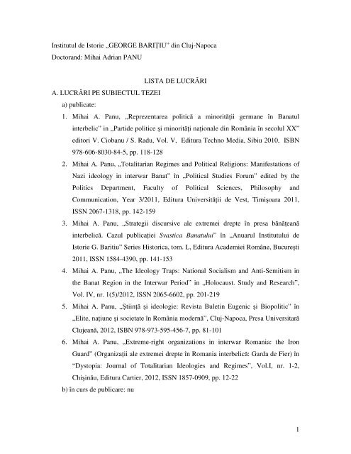 Lista articole Mihai Panu.pdf - Institutul de Istorie