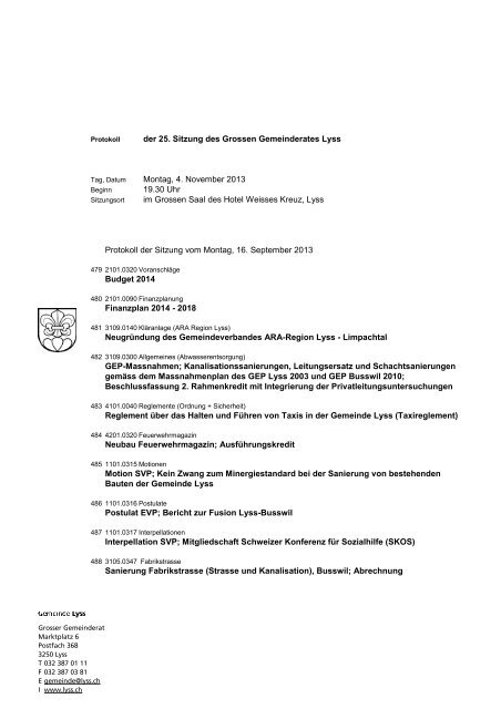 der 25. Sitzung des Grossen Gemeinderates Lyss ... - Gemeinde Lyss