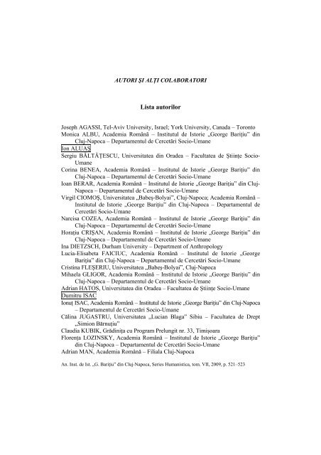 Lista autorilor - Institutul de Istorie