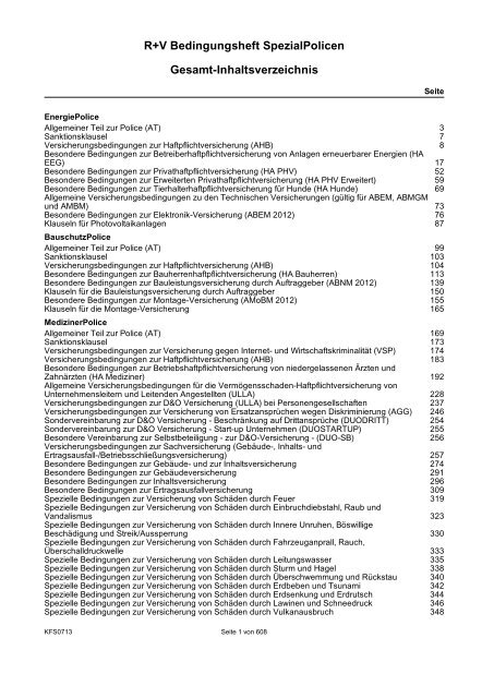 R+V Bedingungsheft SpezialPolicen Gesamt-Inhaltsverzeichnis