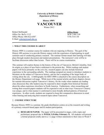 VANCOUVER - History, Department of - University of British Columbia