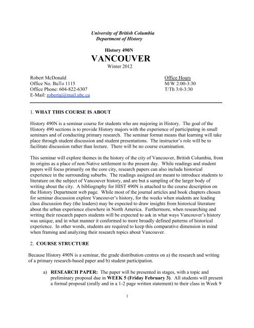 VANCOUVER - History, Department of - University of British Columbia