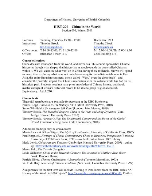 HIST 270 China in the World syllabus - History, Department of ...