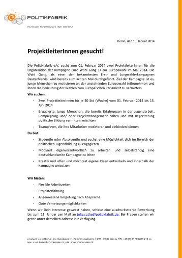 ProjektleiterInnen gesucht!