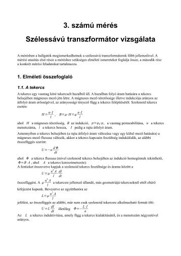 3. szÃ¡mÃº mÃ©rÃ©s SzÃ©lessÃ¡vÃº transzformÃ¡tor vizsgÃ¡lata