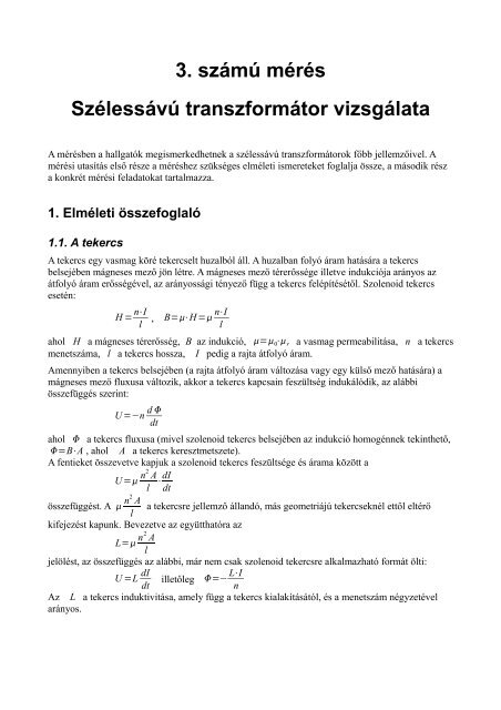 3. szÃ¡mÃº mÃ©rÃ©s SzÃ©lessÃ¡vÃº transzformÃ¡tor vizsgÃ¡lata