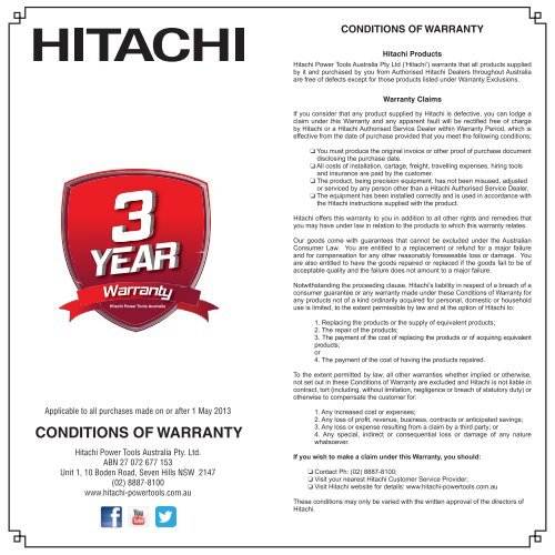CONDITIONS OF WARRANTY Hitachi Power Tools Australia Pty Ltd