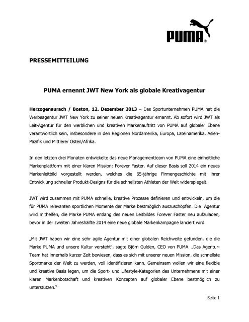 PRESSEMITTEILUNG PUMA ernennt JWT New York ... - About PUMA