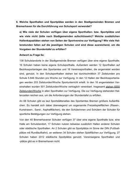 Situation des Schulsports im Land Bremen - Bremische Bürgerschaft