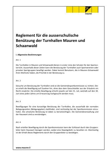 Reglement für die ausserschulische Benützung der Turnhallen ...