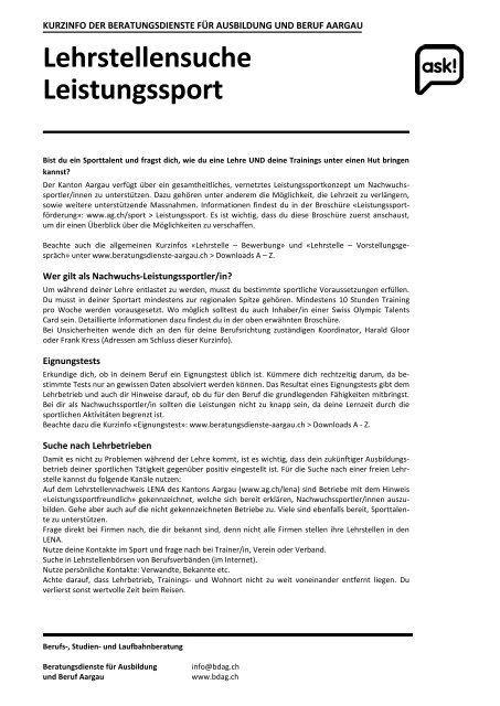 Leistungssport - Beratungsdienste für Ausbildung und Beruf Aargau