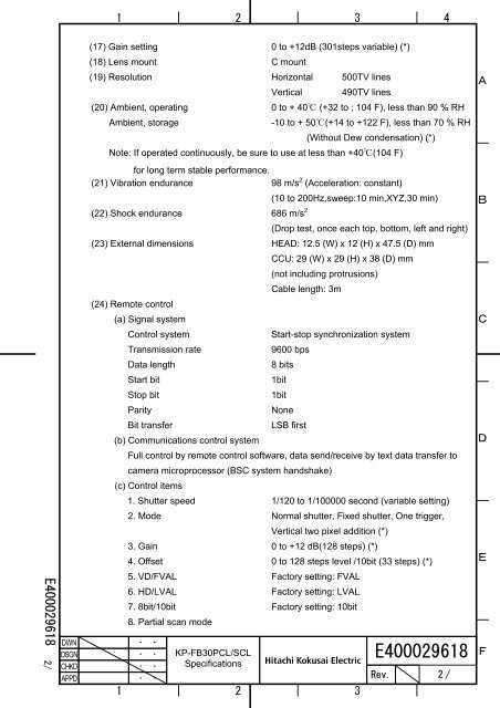 KP-FB30PCL Specifications - Hitachi Kokusai Electric America, Ltd.