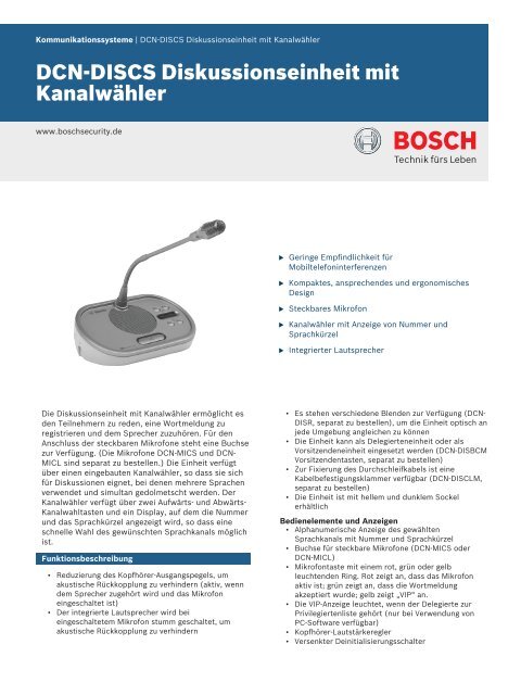 DCN‑DISCS Diskussionseinheit mit Kanalwähler - Bosch Security ...