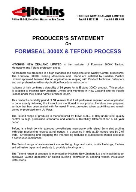 producer's statement formseal 3000x & tefond process - Hitchins