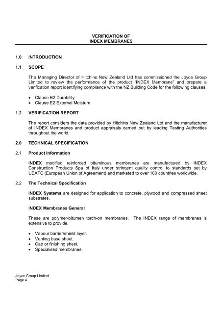 VERIFICATION OF INDEX MEMBRANES FOR HITCHINS NEW ...