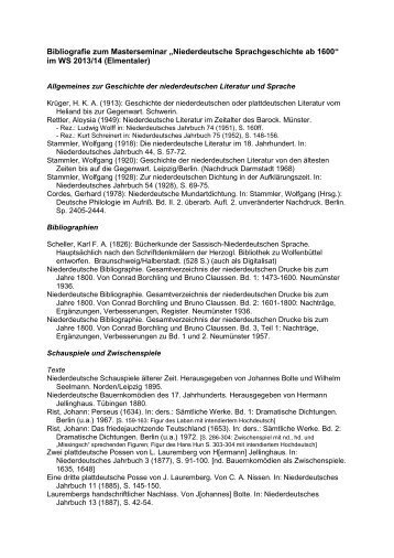 Bibliografie zum Masterseminar „Niederdeutsche Sprachgeschichte ...