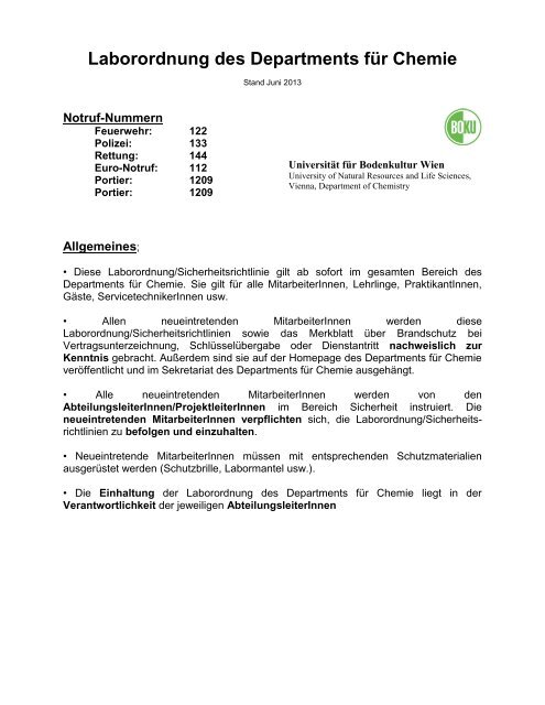 Laborordnung des Departments für Chemie - Department für Chemie