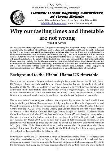 Why our fasting times and timetable are not wrong - Hizbul Ulama UK