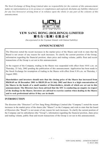 yew sang hong (holdings) limited 耀生行（集團）有限公司 - HKExnews