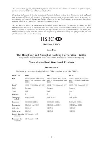 Launch Announcement for Callable Bull/Bear Contracts ... - HKExnews