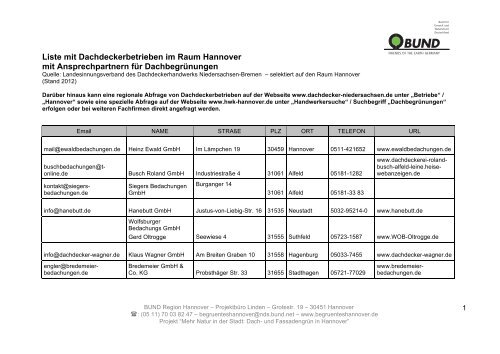 Liste mit Dachdeckerbetrieben Raum Hannover - BUND ...