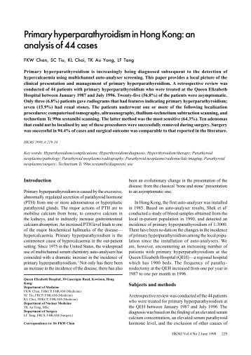 Primary hyperparathyroidism in Hong Kong: an analysis of 44 cases