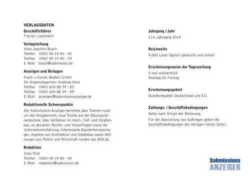 media-Daten 2014 - Submissions-Anzeiger Verlag GmbH