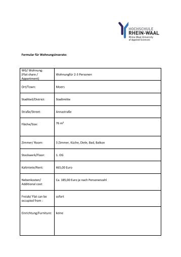 Formular für Wohnungsinserate: WG/ Wohnung - Hochschule Rhein ...